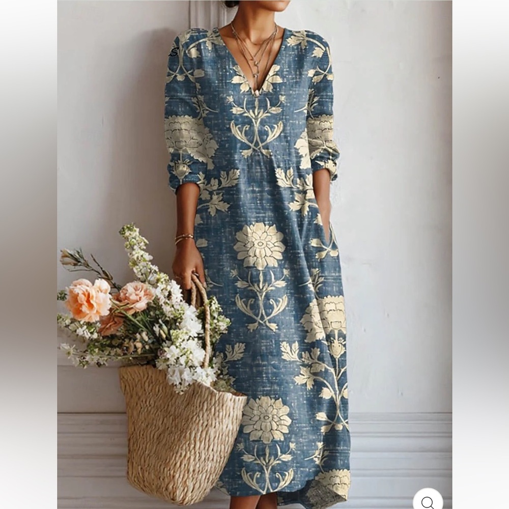 Blue Floral Maxi Dress with Cream Botanical Print